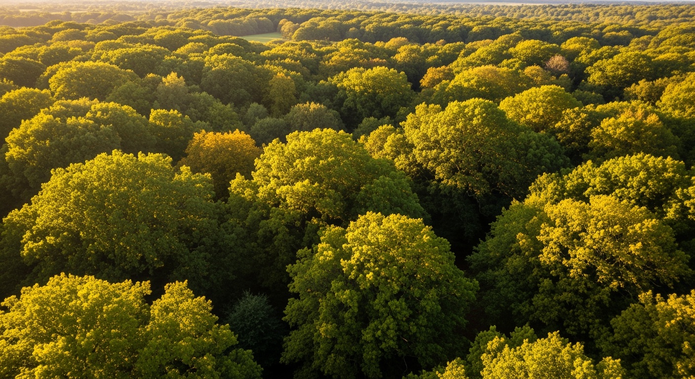 Ancient UK woodland canopy seen from above