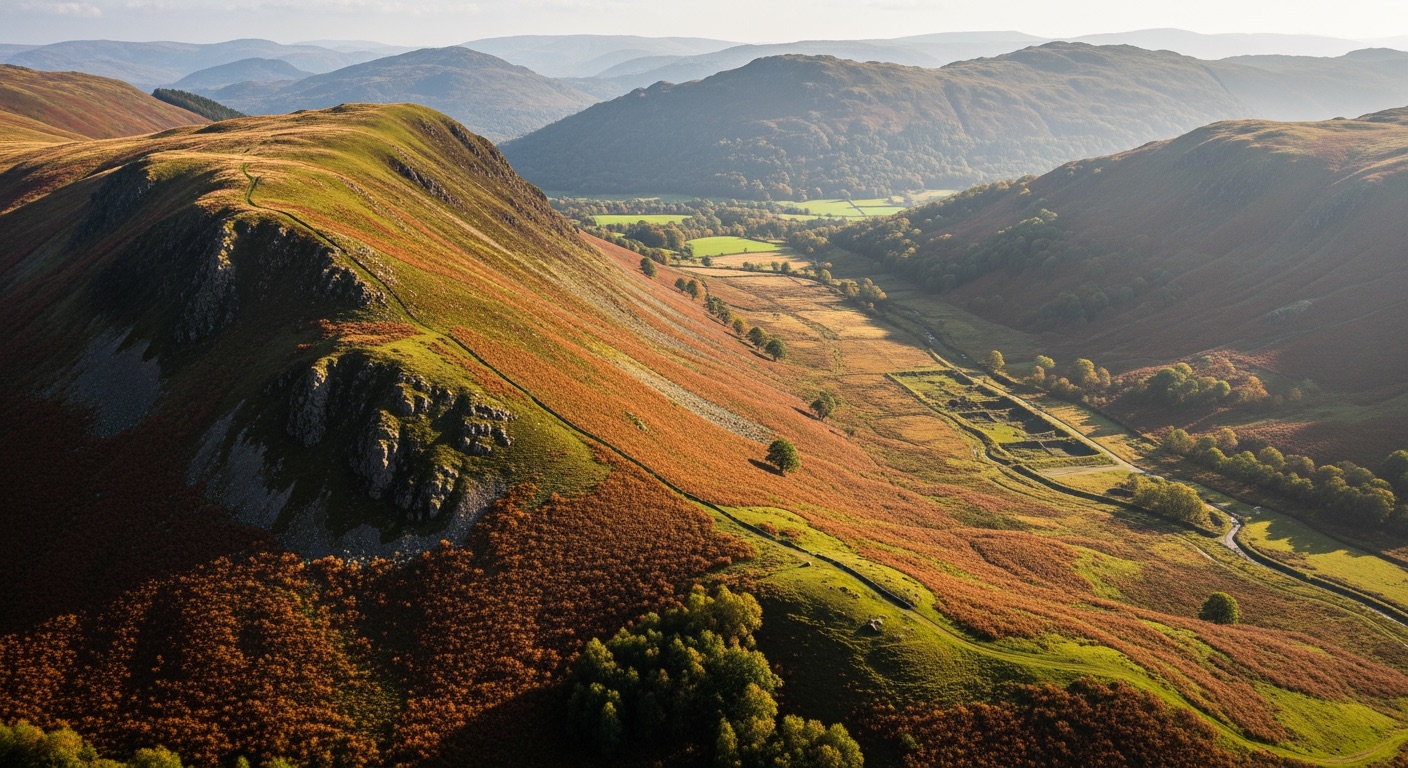 UK upland landscape with reclaimed industrial valley below